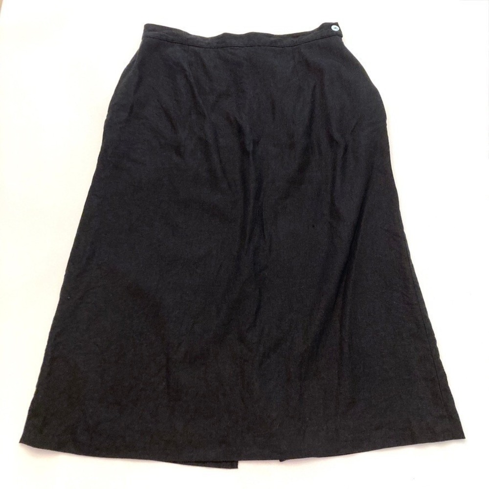 Talbots Linen Blend Midi Skirt Black Womens 14 Petite Elastic Waist Pockets Zip